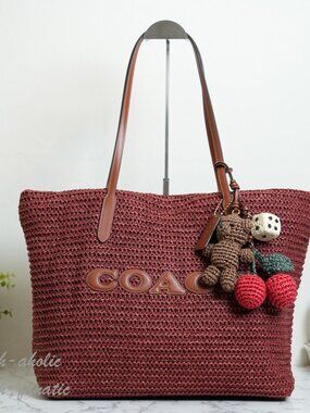 COACH CES20 Large City Tote Bag With Charms in Straw & Smooth Leather Russet NWT